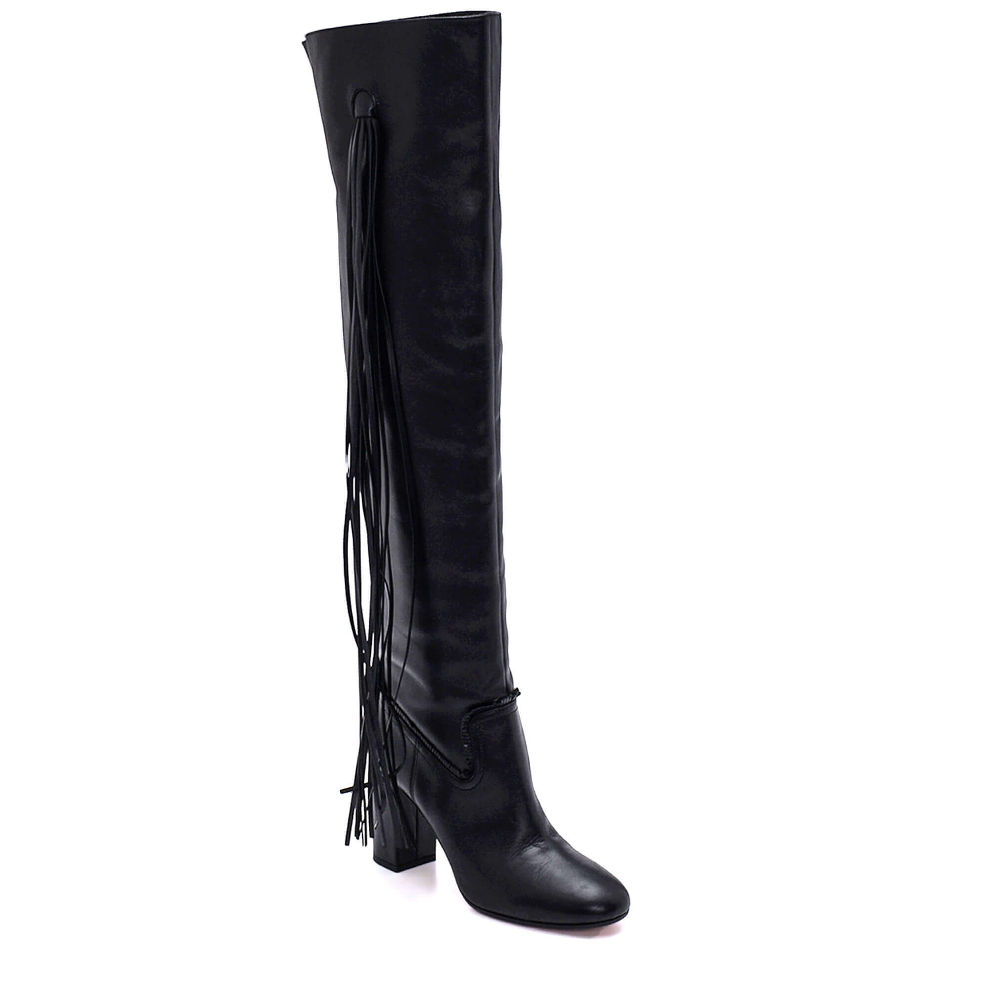 Aquazzura - Black Leather Fringed Over The Knee Whip It Boots